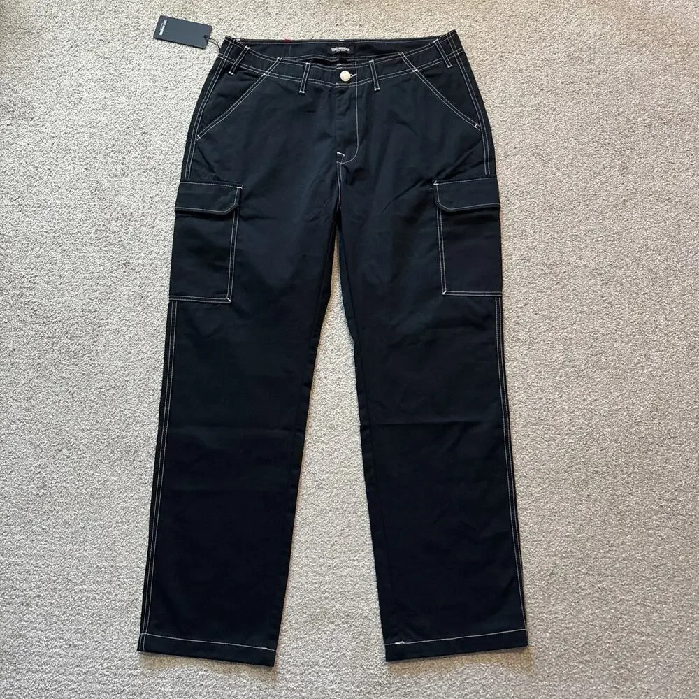 True Religion Men's Cargo Pants Jet Black White Stitching Size 36 Flap Pockets